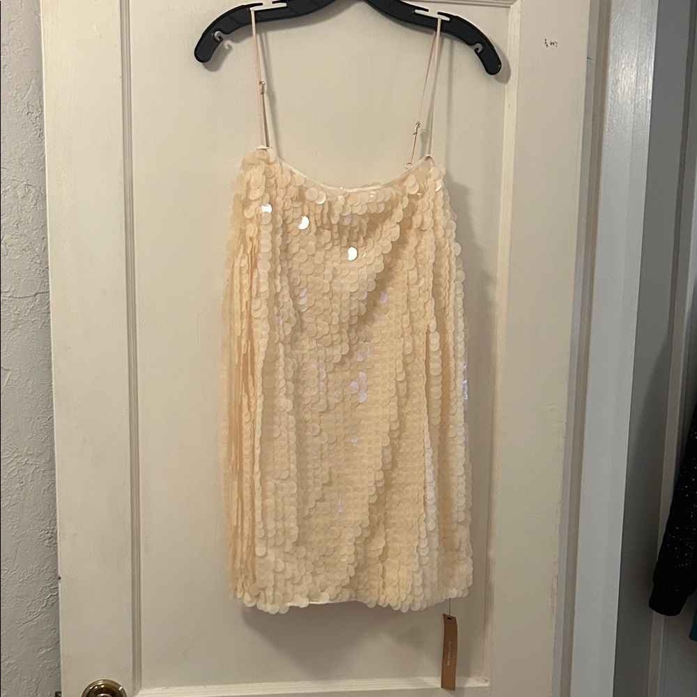 Reformation Sequined Spaghetti Strap Mini Dress in Cream